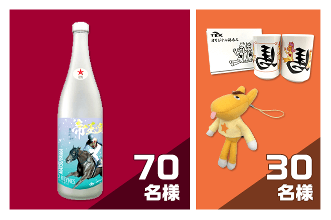 プレゼントイメージ netkeiba特製「トゥインクルレース5周年記念日本酒ボトル」（70名様） うまたせぬいぐるみストラップ＆TCKオリジナル湯呑みセット（30名様）